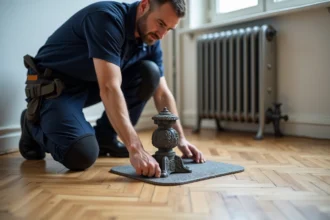 Plombier installant un pied de radiateur en fonte sur un plancher chauffant en parquet de chêne dans un appartement rénové