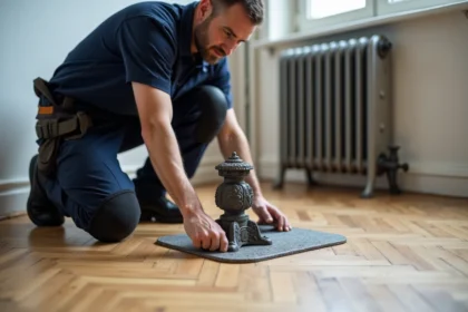 Plombier installant un pied de radiateur en fonte sur un plancher chauffant en parquet de chêne dans un appartement rénové