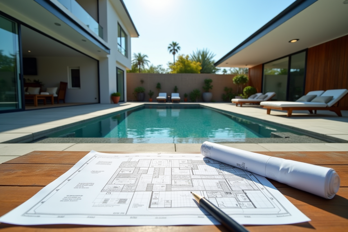 Piscine moderne en construction dans un jardin ensoleille