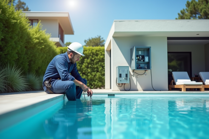 Piscine extérieure moderne avec panneau électrique sécurisé
