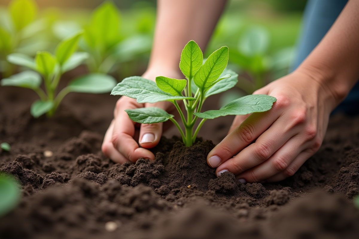 Jeunes plants de concombre plantés dans la terre