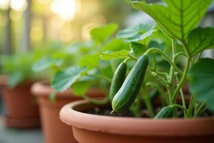 Plants de concombre en pot sur balcon ensoleille