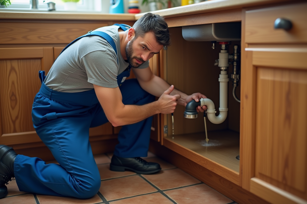 Plombier homme en cuisine examine une fuite d'eau