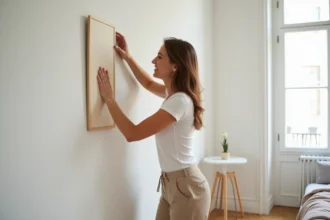 Jeune femme posant un placqrd modulable sur le mur d'un appartement en location, style scandinave, parquet clair