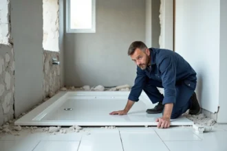 Plombier posant un receveur de douche extra plat sur un sol en cours de rénovation dans une salle de bain