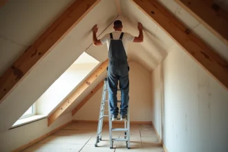 Homme en overalls posant une plaque de platre dans un grenier