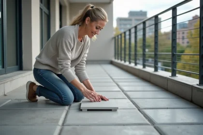 Femme posant des carreaux de porcelaine sur un balcon urbain