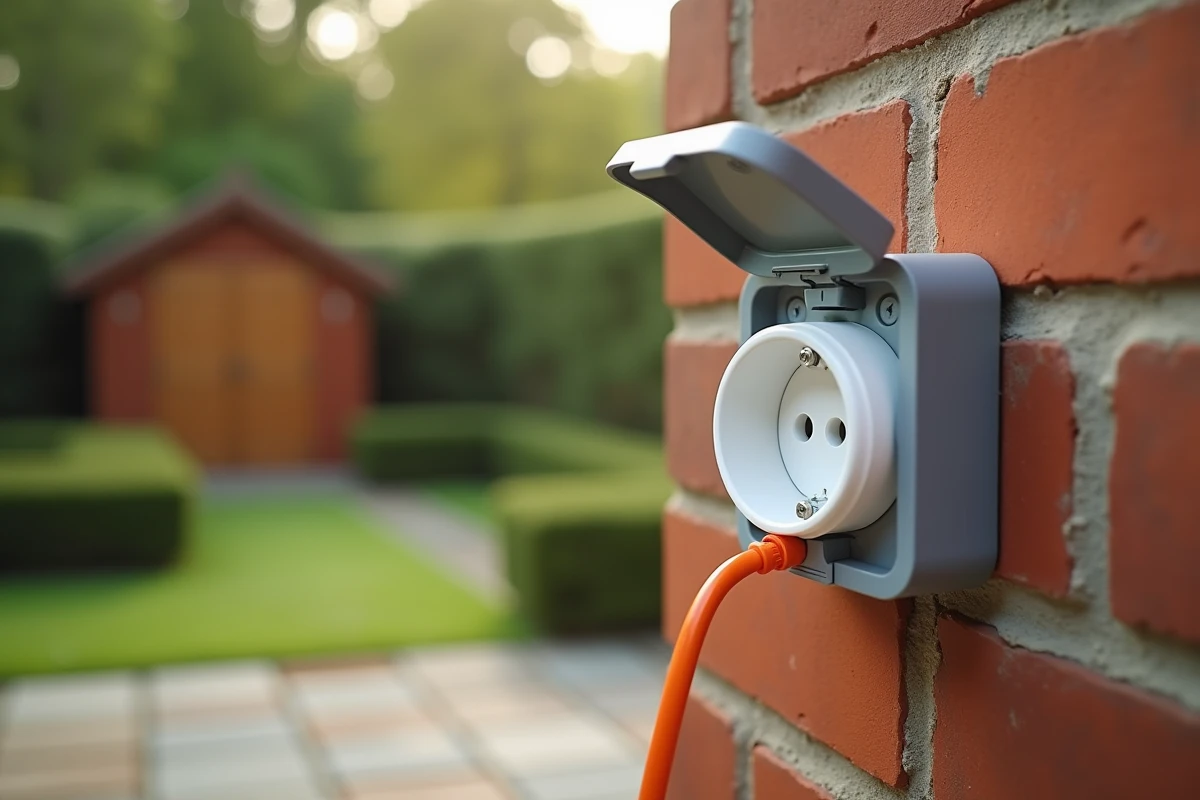 Prise électrique extérieure étanche avec couvercle de protection sur un mur en briques de jardin
