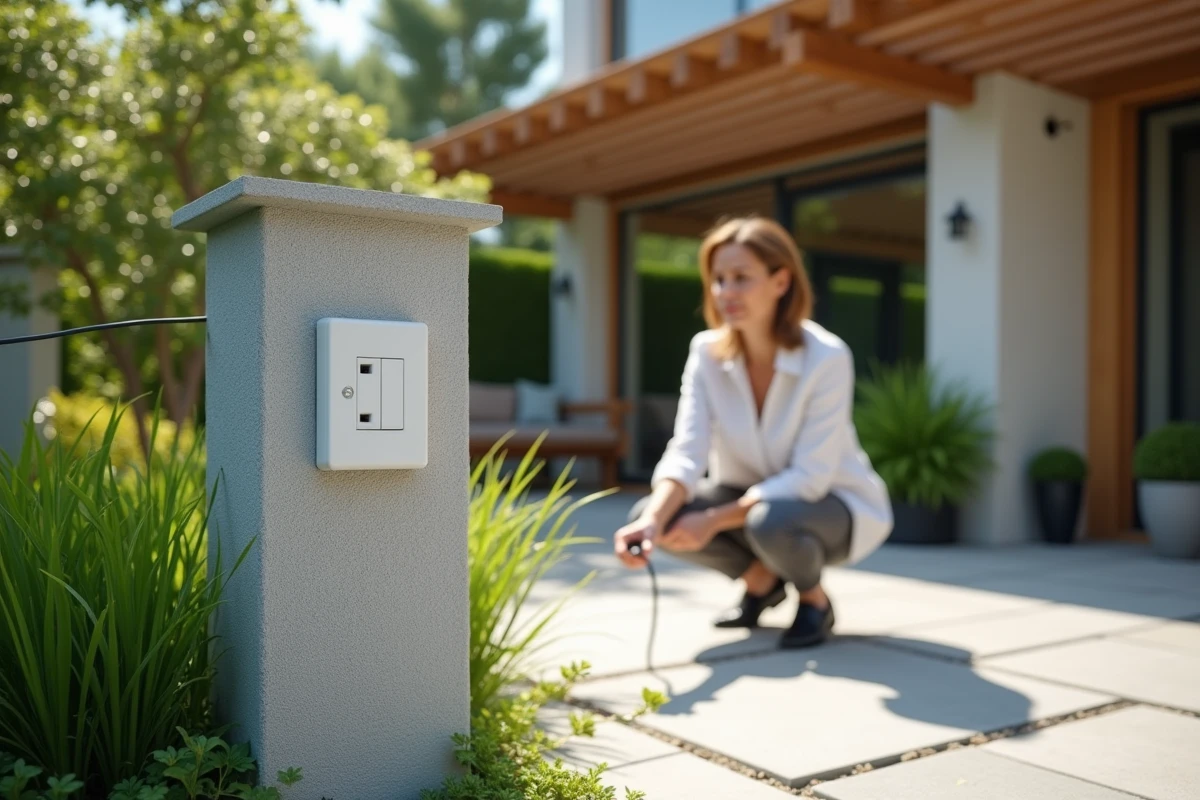 Femme branchant des guirlandes lumineuses sur une prise électrique extérieure dans un jardin aménagé avec pergola