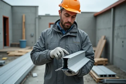 Professionnel du bâtiment tenant une cornière aluminium extérieure pour évaluer le bon profil à utiliser sur chantier