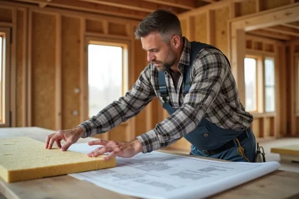 Hommes en rénovation vérifiant des panneaux d'isolation écologique