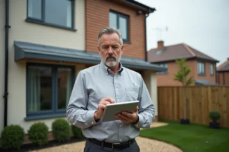 Propriétaire de maison consultant un bilan énergétique sur tablette devant sa maison individuelle