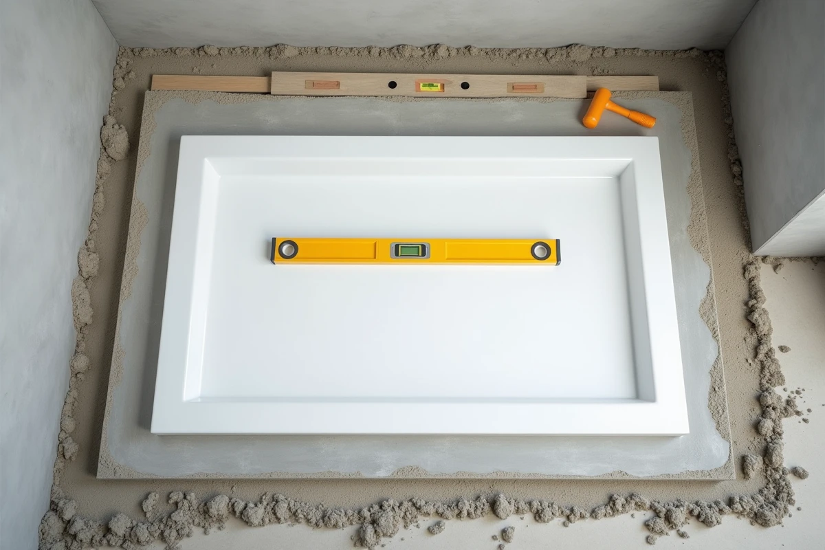 Receveur de douche extra plat en cours de mise à niveau sur lit de mortier avec niveau à bulle et outils de carreleur