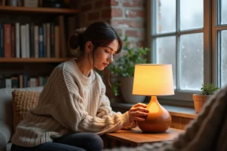 Femme ajustant une lampe de table chaleureuse dans un salon hivernal avec des murs en brique et une fenêtre givrée