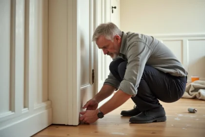 Homme inspectant le gond inférieur d'une porte blanche qui frotte sur le parquet après des travaux de rénovation