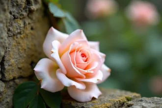 Rose Belle et la Bête en pleine floraison sur un mur en pierre, avec des pétales légèrement abîmés illustrant les erreurs d'entretien courantes