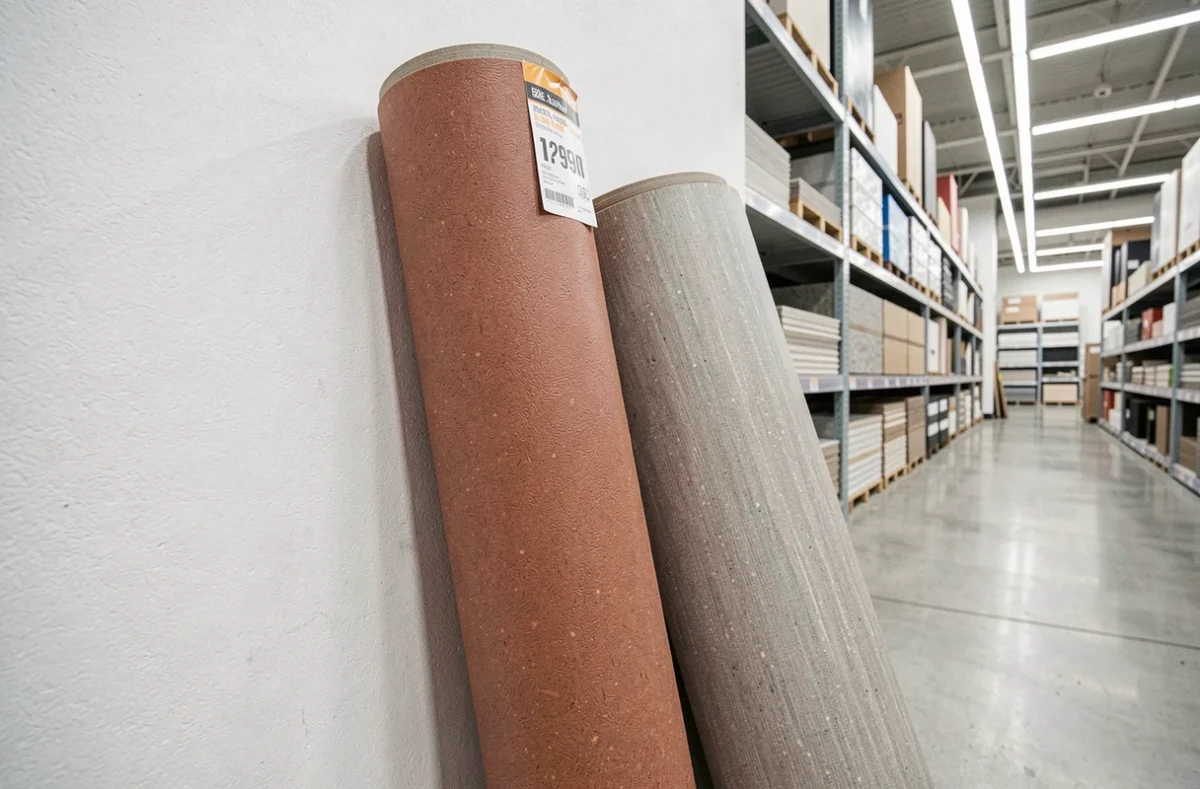 Rouleaux de linoléum exposés en magasin avec étiquette de prix, illustrant les critères d'achat en ligne