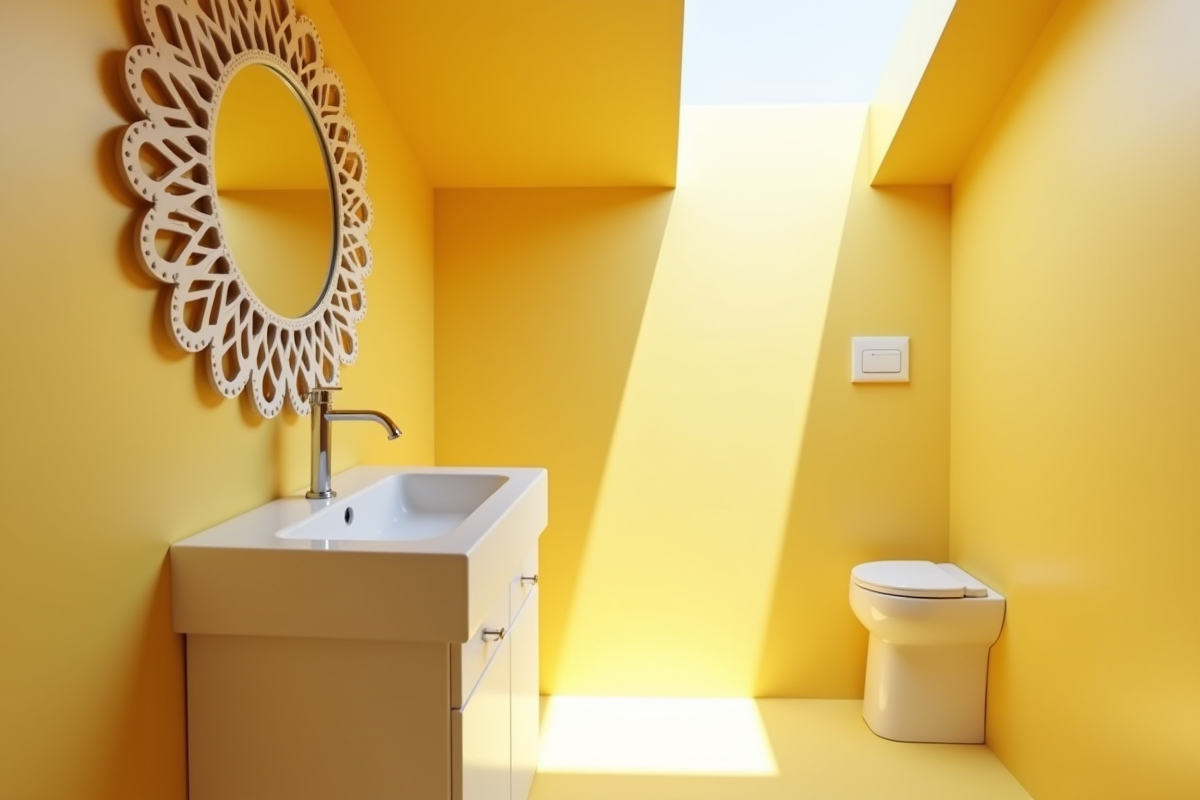 Salle de bain moderne avec miroir rond et lumière naturelle