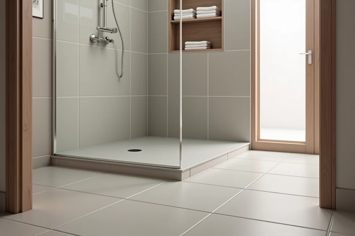 Salle de bain rénovée avec receveur de douche extra plat encastré affleurant le carrelage et paroi en verre