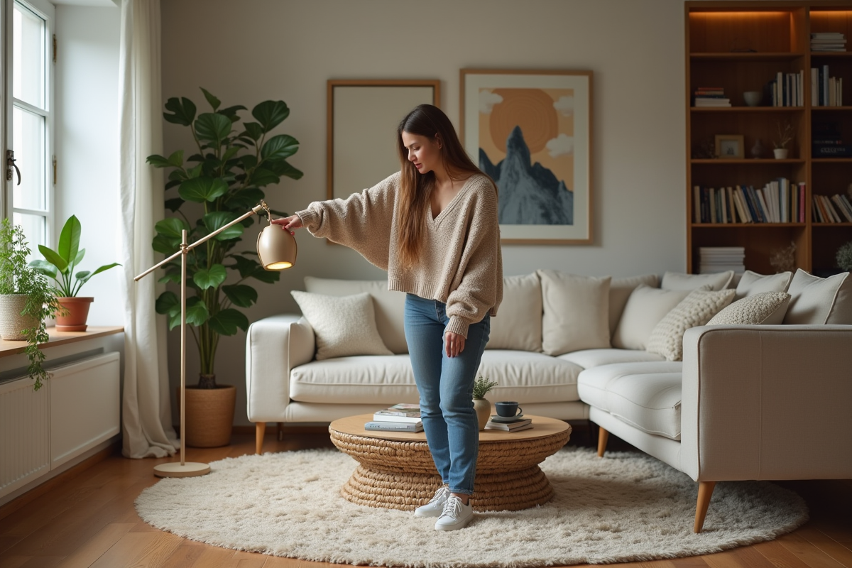 Femme stylée arrangeant une lampe dans un salon moderne