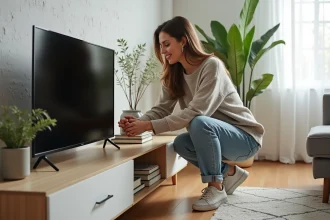Femme élégante arrangeant des livres dans un salon lumineux