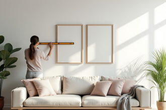 Salon scandinave avec personne mesurant des cadres