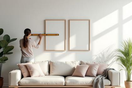 Salon scandinave avec personne mesurant des cadres