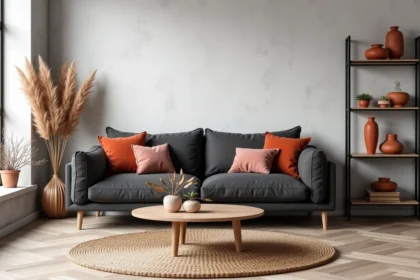 Salon décoré en noir gris blanc avec des accents chaleureux terracotta et bois naturel sur un canapé en lin anthracite