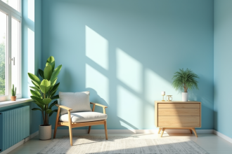 Salon cosy pastel bleu avec plantes et lumière naturelle