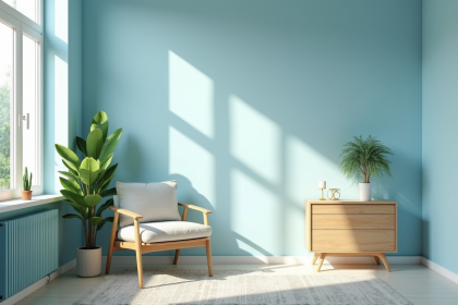 Salon cosy pastel bleu avec plantes et lumière naturelle