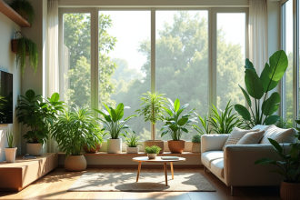 Salon moderne avec grandes fenêtres et plantes vertes