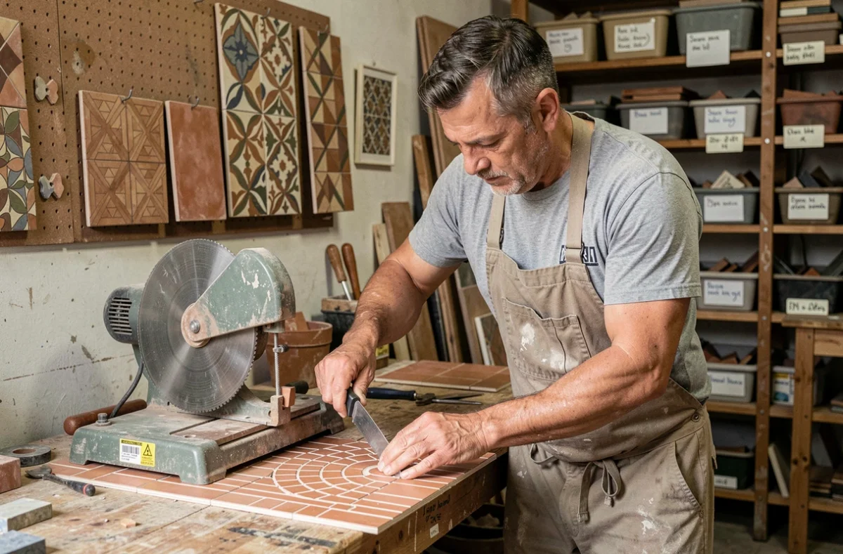 Artisan carreleur de la SARL Falco Carrelage découpant un motif de mosaïque dans son atelier provençal