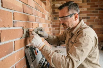 Ouvrier du bâtiment insérant une capsule de scellement chimique dans un mur en brique rouge lors de travaux de rénovation intérieure