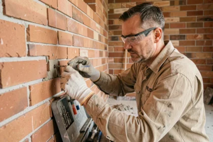 Ouvrier du bâtiment insérant une capsule de scellement chimique dans un mur en brique rouge lors de travaux de rénovation intérieure