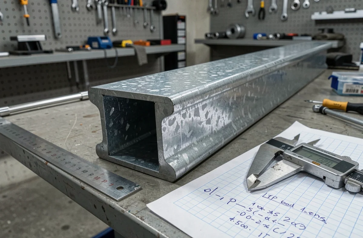 Section transversale d'un IPN métallique avec outils de mesure et notes de calcul de charge sur établi d'atelier