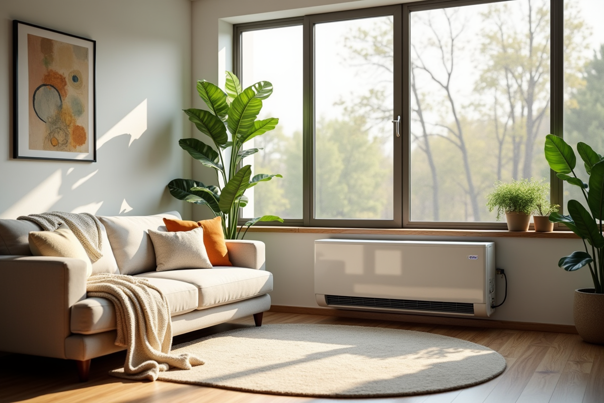 Salon moderne avec pompe a chaleur et plantes vertes