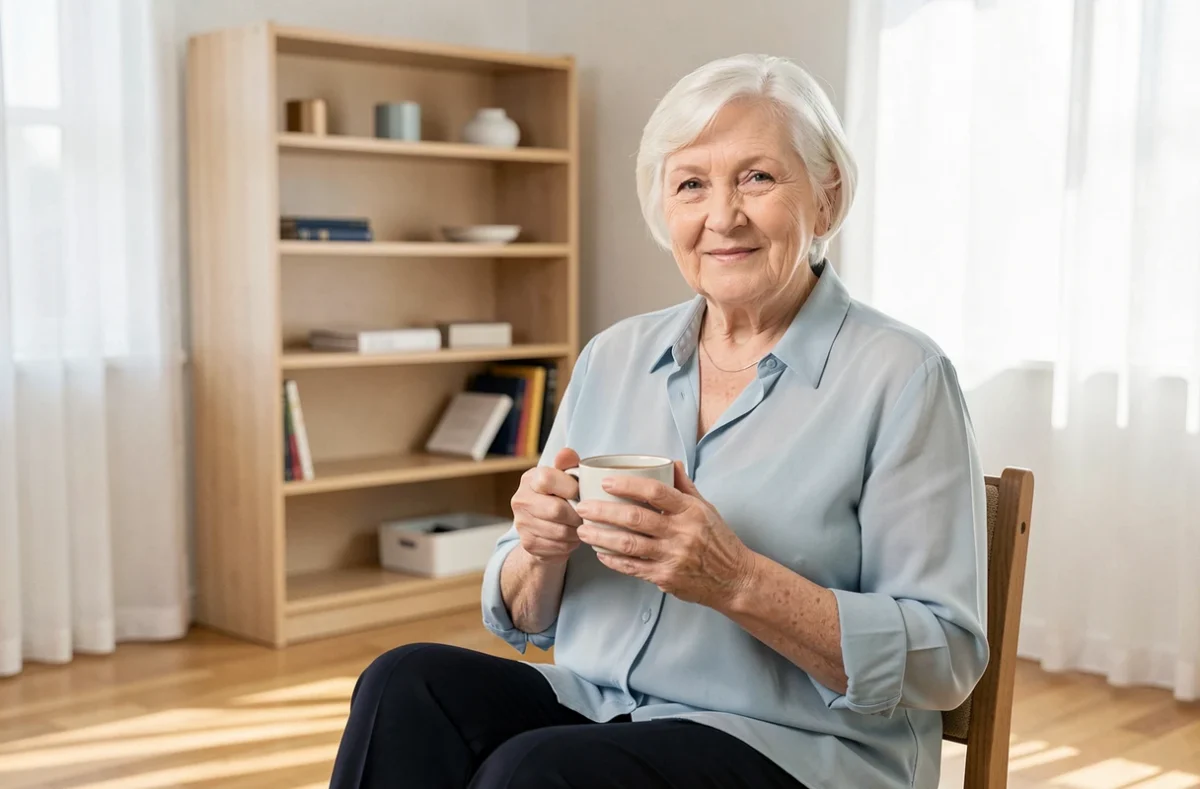 Une femme âgée souriante dans un salon ordonné après un service de débarras, tenant une tasse de thé dans un espace allégé