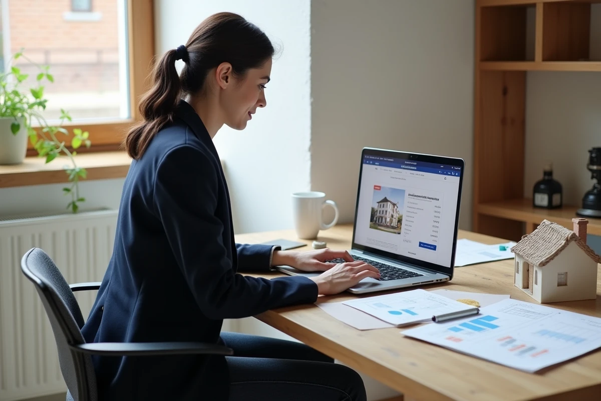 Femme utilisant un simulateur de prix de construction en ligne sur ordinateur portable avec des documents de coûts au mètre carré étalés sur son bureau
