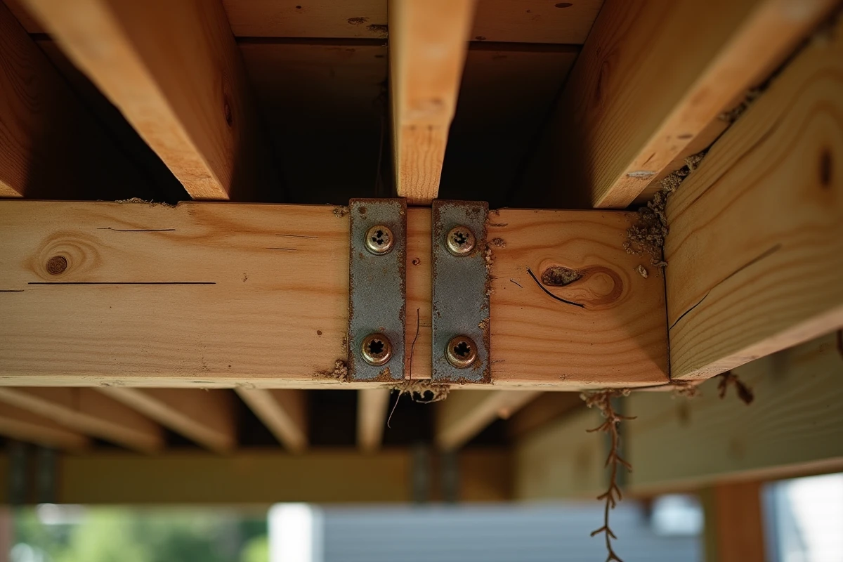 Solive en bois pourrie avec vis rouillées et connecteurs manquants sous une terrasse extérieure