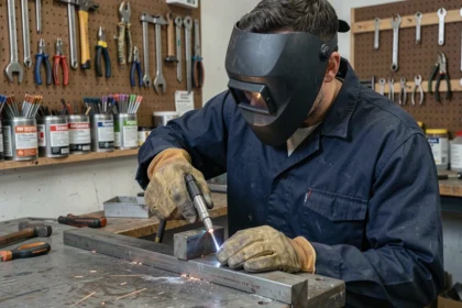 Soudeur débutant positionnant une électrode enrobée sur une pièce en acier dans un atelier de soudure réaliste