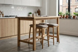Table bar en bois massif chêne de 105 cm avec tabourets dans une cuisine scandinave moderne