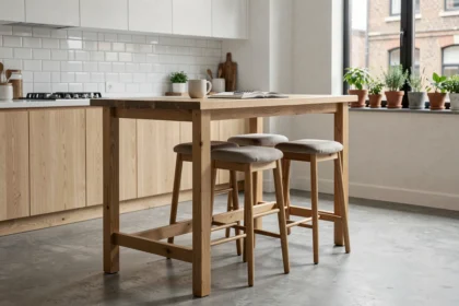 Table bar en bois massif chêne de 105 cm avec tabourets dans une cuisine scandinave moderne