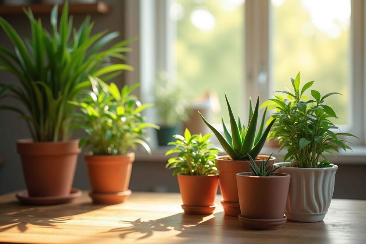 Table de cuisine en bois avec plantes vertes lumineuses