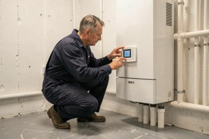 Technicien installant une chaudière électrique murale dans une chaufferie domestique moderne