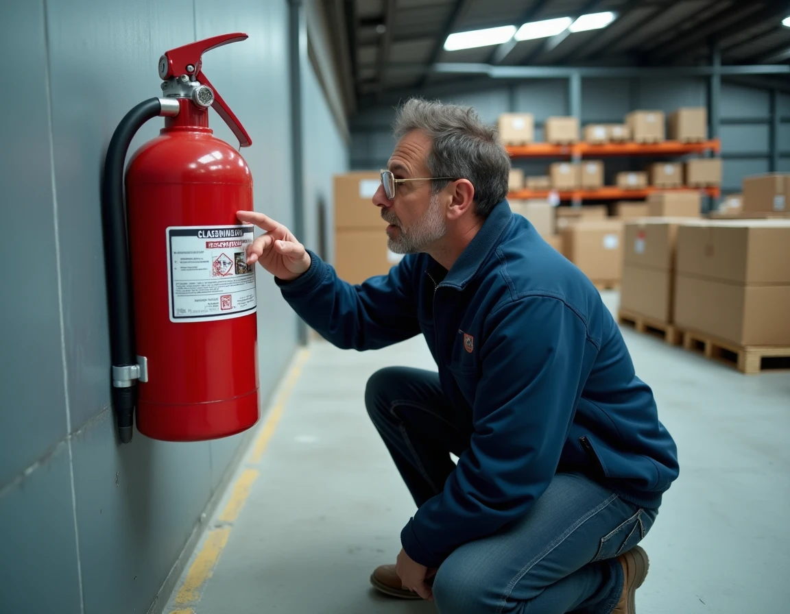 Technicien expliquant la classification d'un extincteur CO2 dans un entrepôt industriel