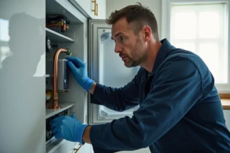 Technicien en uniforme inspectant le compresseur d'un réfrigérateur domestique dans une cuisine moderne