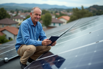 Technicien inspectant un panneau solaire sur un toit résidentiel