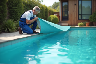 Technicien de piscine en action avec liner turquoise