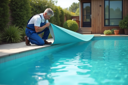Technicien de piscine en action avec liner turquoise