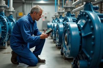 Technicien en overalls bleu près d'une pompe industrielle